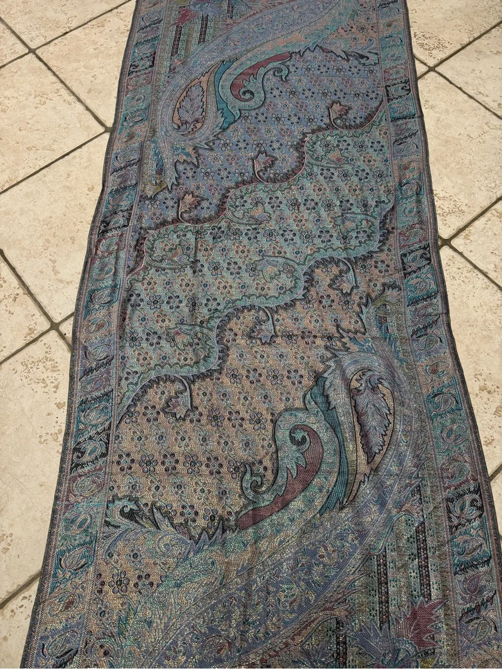pashmina Teal, Purple & Black Paisley Woven Shawl with Fringe
